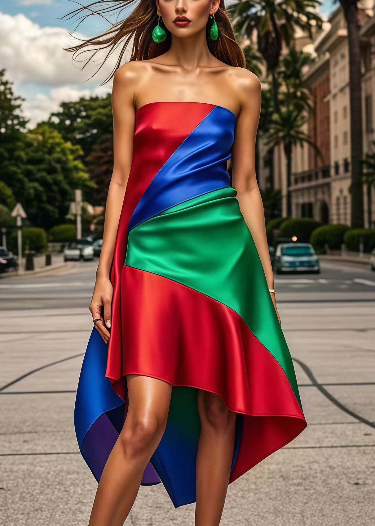 Multicolor Asymmetrical Patchwork Silk Strapless Dress Summer