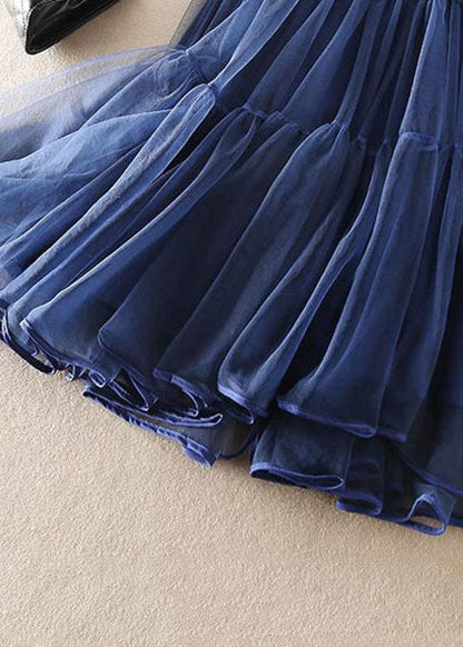 Navy High Waist Patchwork Tulle Pleated Skirt Spring