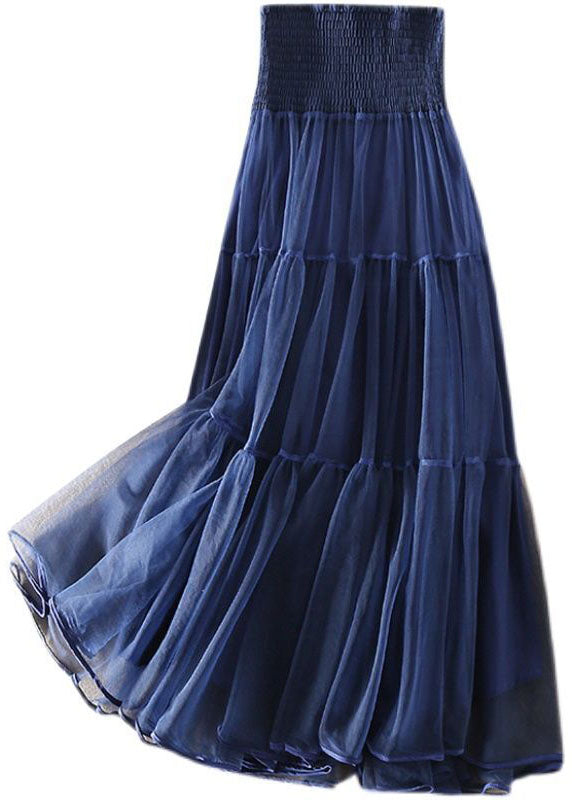Navy High Waist Patchwork Tulle Pleated Skirt Spring