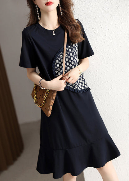 Navy O Neck Ruffled Patchwork Cotton Dresses Summer