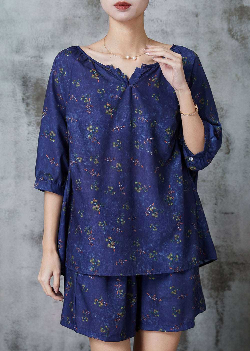 Navy Oversized Print Cotton Two Piece Set Clothing Summer