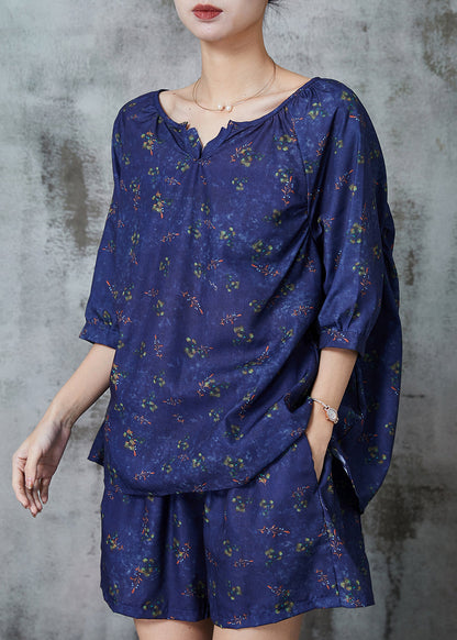 Navy Oversized Print Cotton Two Piece Set Clothing Summer
