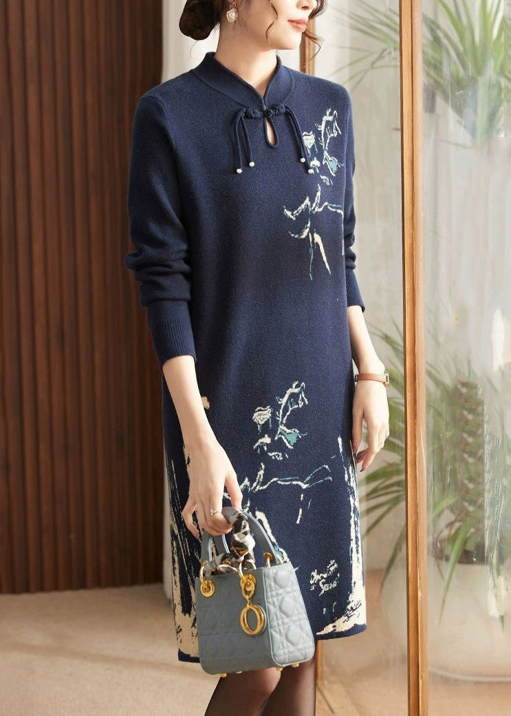 Navy Print Patchwork Cotton Knit Long Sweater Dress Long Sleeve