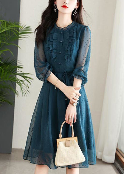 Navy Ruffled Tie Waist Patchwork Chiffon Dress Summer