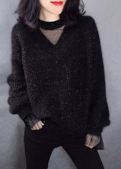 Navy Sequins Hollow Out Knit Sweaters Winter