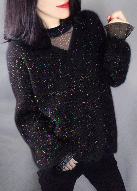 Navy Sequins Hollow Out Knit Sweaters Winter