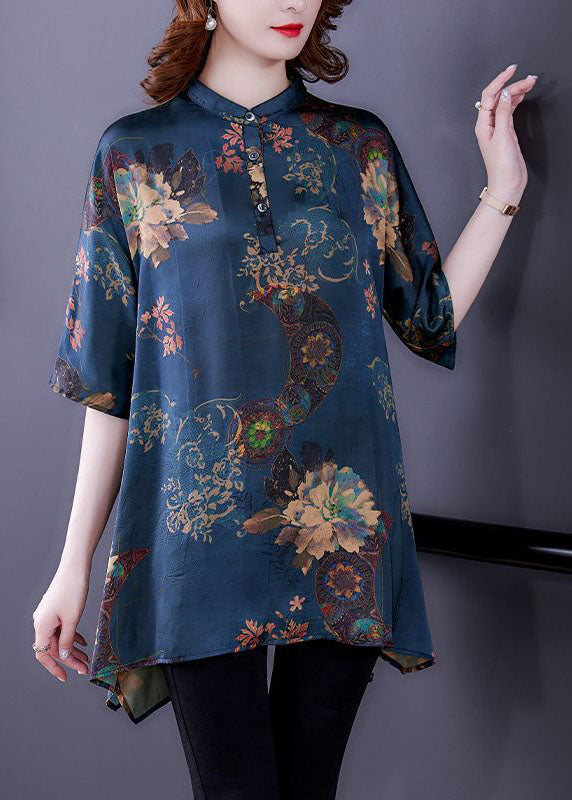 Navy Stand Collar Print Silk Tops Half Sleeve