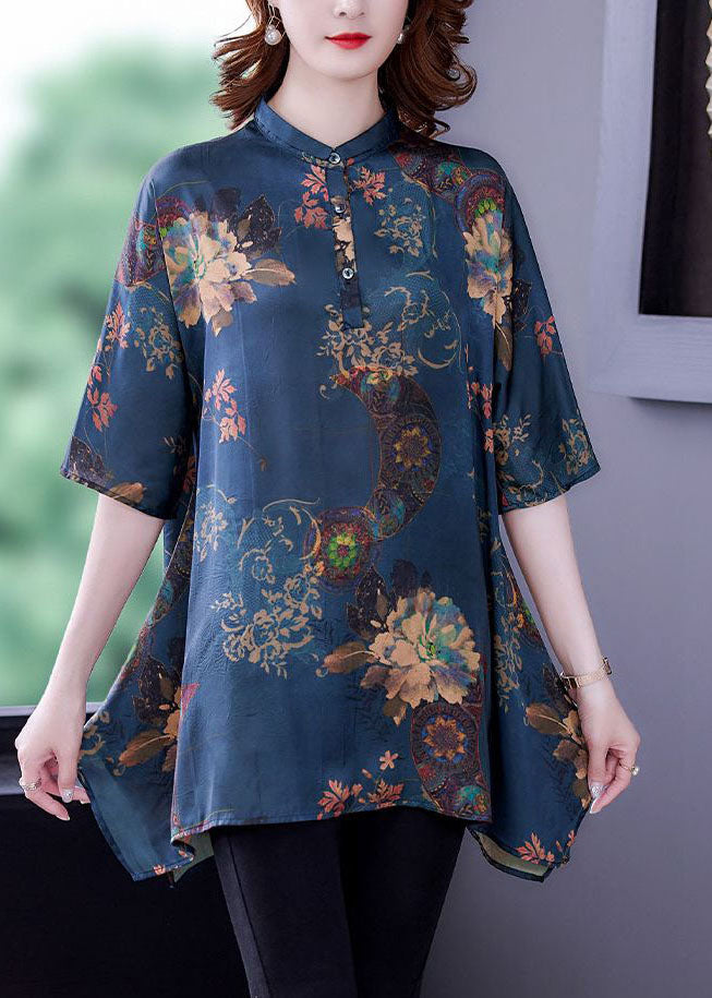 Navy Stand Collar Print Silk Tops Half Sleeve