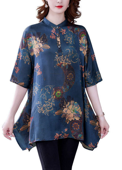 Navy Stand Collar Print Silk Tops Half Sleeve