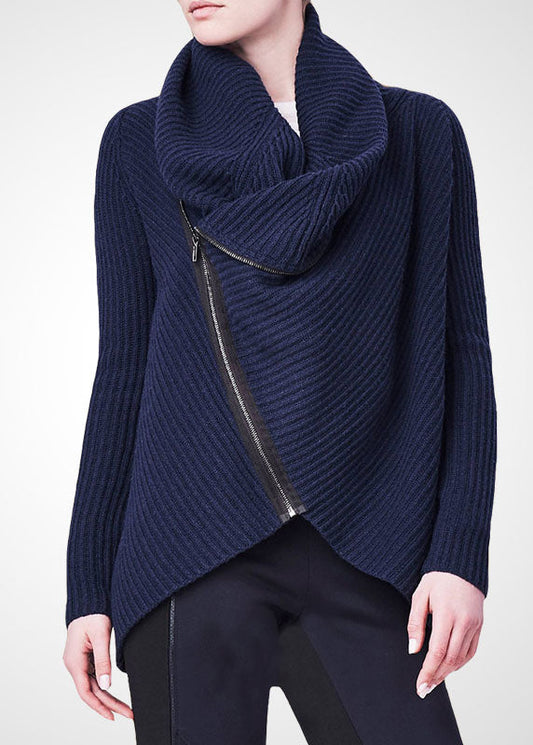 Navy Turtle Neck Asymmetrical Zippered Knit Sweater Tops Winter
