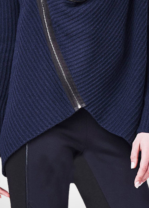 Navy Turtle Neck Asymmetrical Zippered Knit Sweater Tops Winter