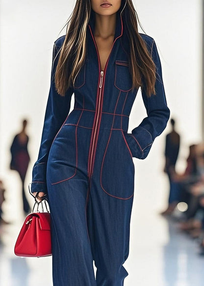 Navy Zip Up Pockets Patchwork Denim Jumpsuit Spring