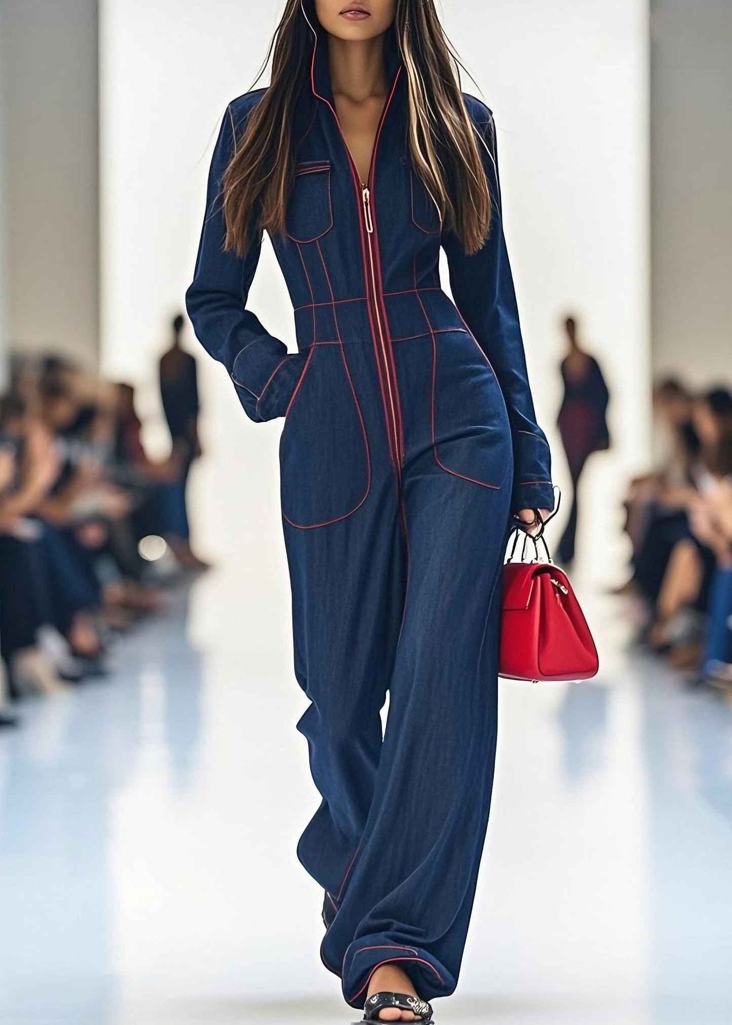 Navy Zip Up Pockets Patchwork Denim Jumpsuit Spring