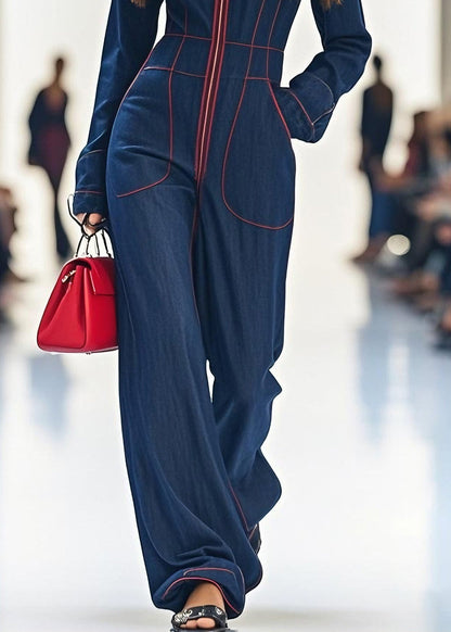 Navy Zip Up Pockets Patchwork Denim Jumpsuit Spring