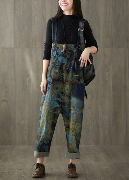 Navy Pockets Print Jeans Jumpsuit Spring