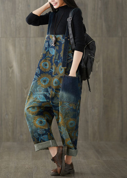 Navy Pockets Print Jeans Jumpsuit Spring