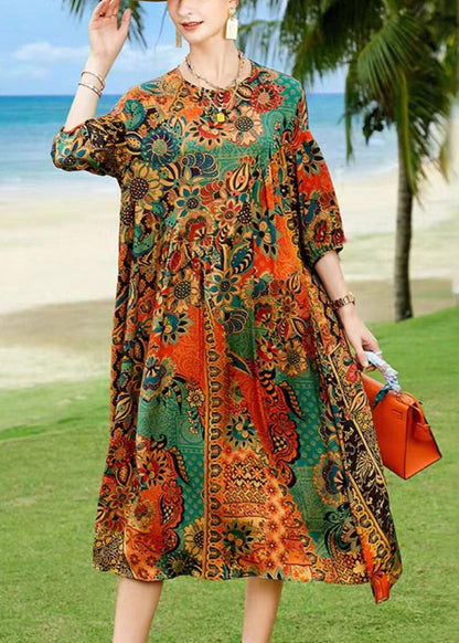 O-neck Print Silk Dress Long Sleeve