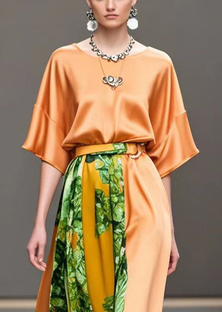 Orange Cinched Patchwork Print Silk Long Dress Summer