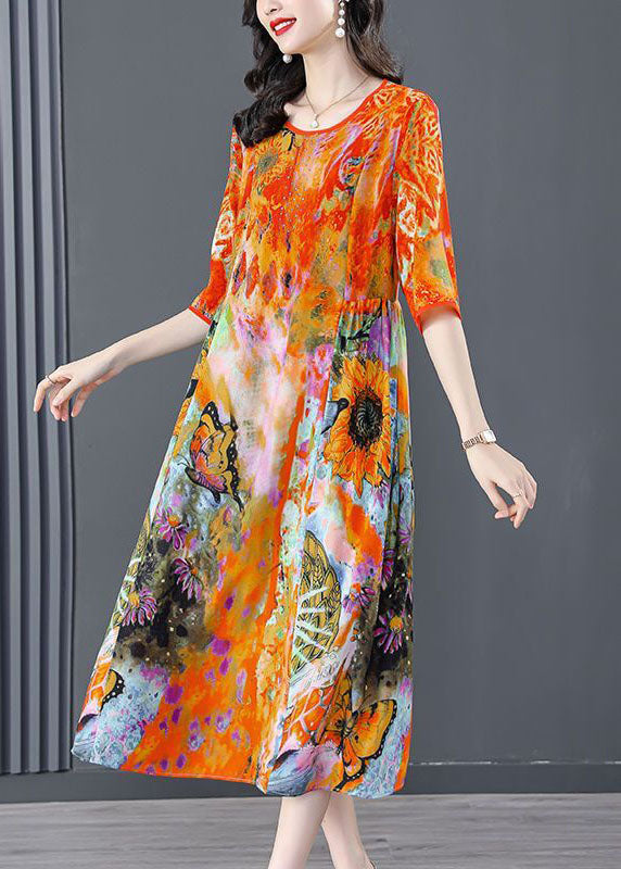 Orange O-neck Oversized Print Silk Dress Half Sleeve