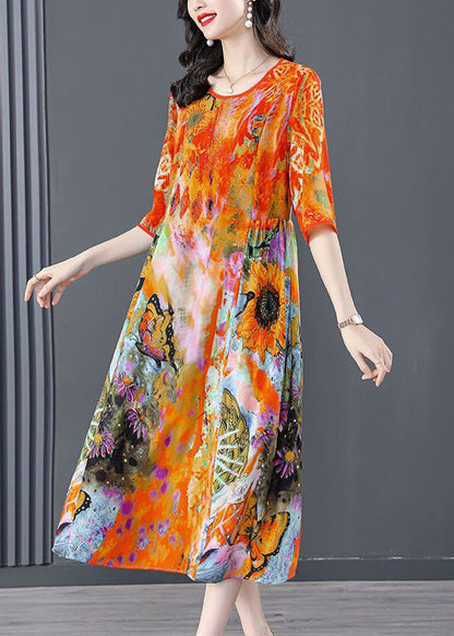 Orange O-neck Oversized Print Silk Dress Half Sleeve