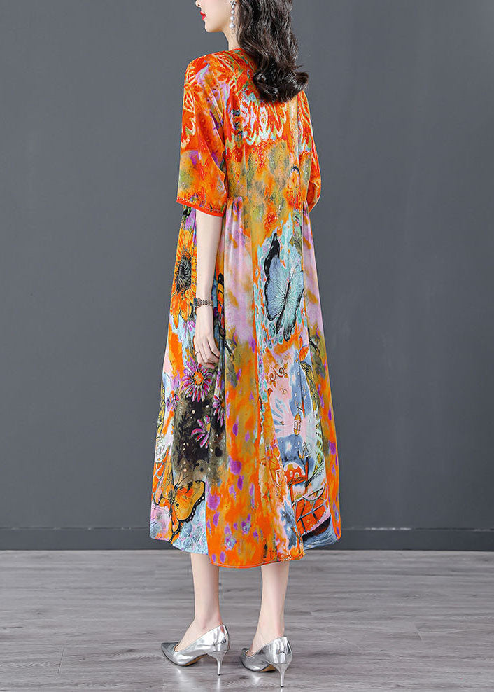 Orange O-neck Oversized Print Silk Dress Half Sleeve