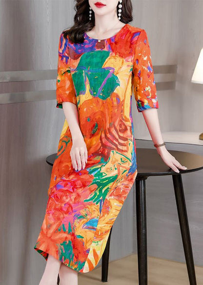 Orange O Neck Print Patchwork Silk Dress Summer