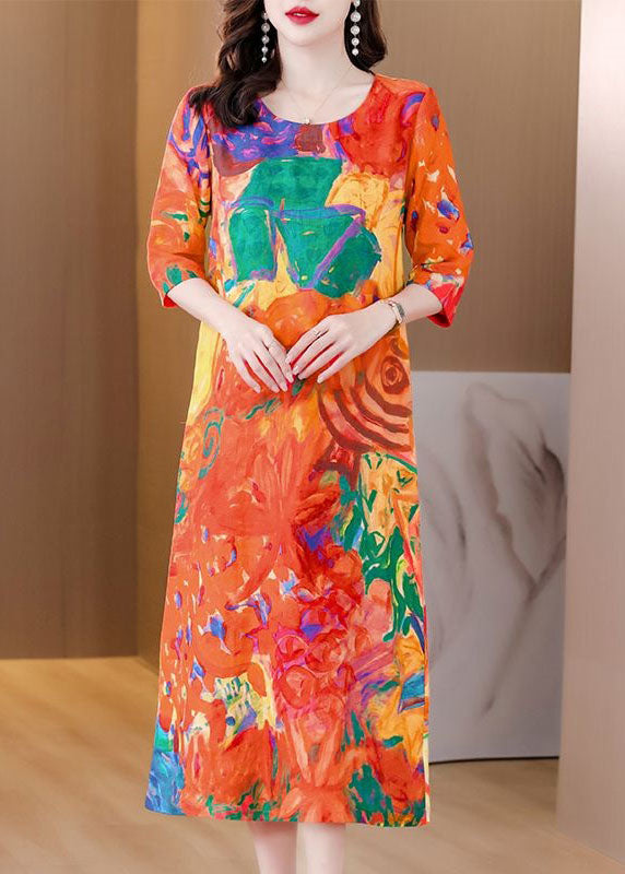 Orange O Neck Print Patchwork Silk Dress Summer