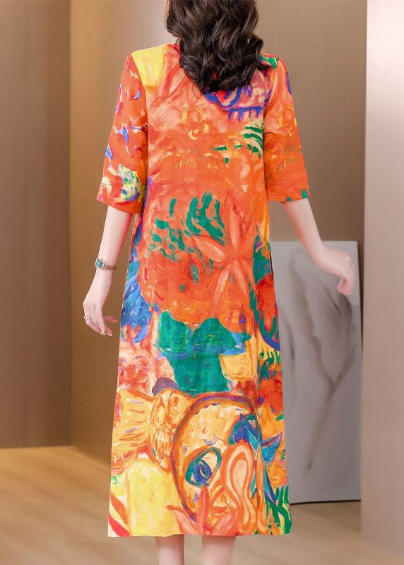 Orange O Neck Print Patchwork Silk Dress Summer