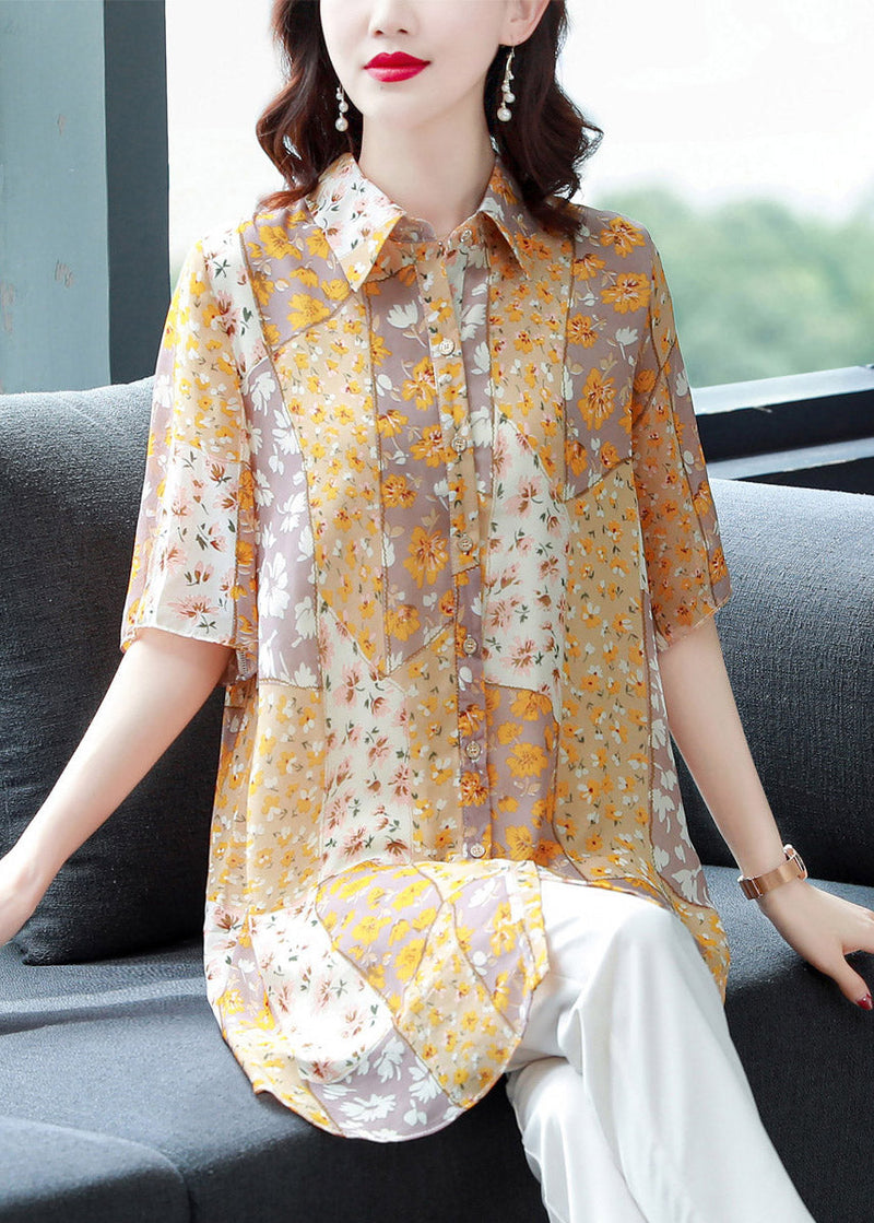 Orange Peter Pan Collar Print Button Chiffon Blouse Top Half Sleeve