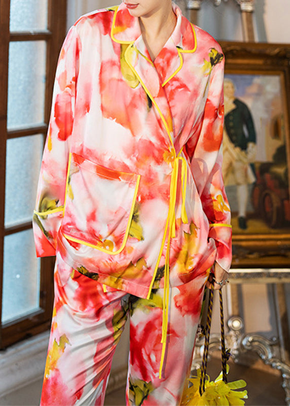 Orange Peter Pan Collar Print Button Ice Silk Two Piece Set Spring