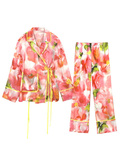 Orange Peter Pan Collar Print Button Ice Silk Two Piece Set Spring