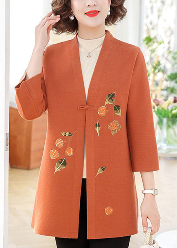 Orange Print Cotton Knit Cardigans Bracelet Sleeve