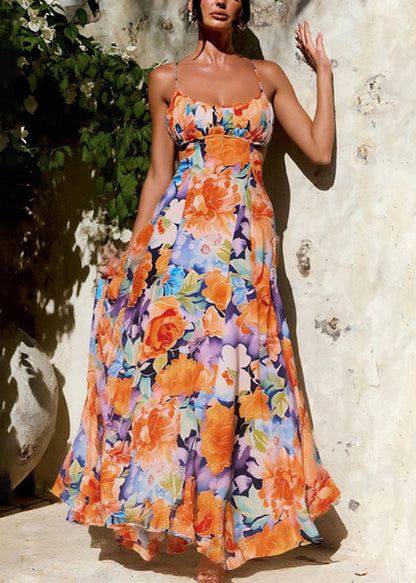 Orange Print Lace Up Cotton Spaghetti Strap Dress Sleeveless