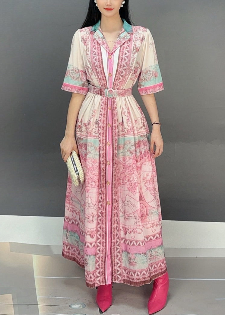 Orange Print Tie Waist Cotton Long Dresses Summer
