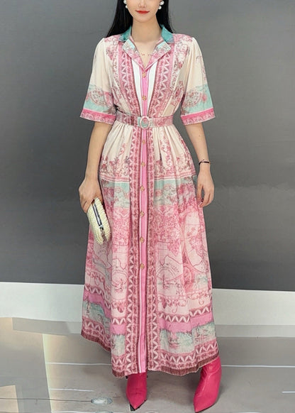 Orange Print Tie Waist Cotton Long Dresses Summer
