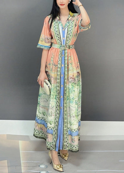 Orange Print Tie Waist Cotton Long Dresses Summer