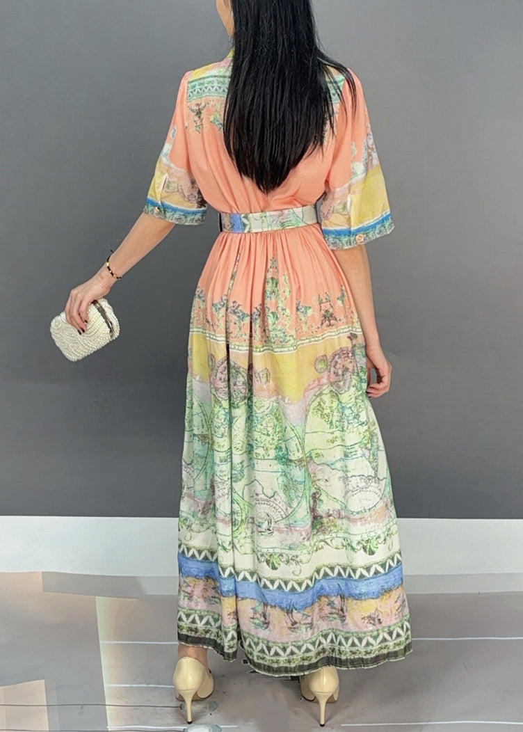 Orange Print Tie Waist Cotton Long Dresses Summer