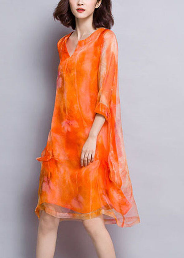 Orange V Neck Print Layered Design Silk Vacation Dress Half Sleeve