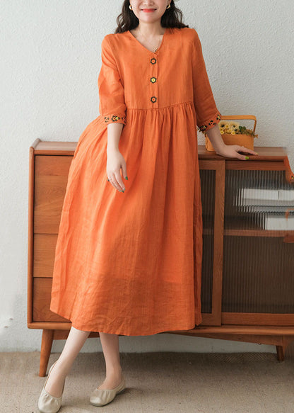 Orange Wrinkled Embroideried Linen Dress Two Piece Set Short Sleeve