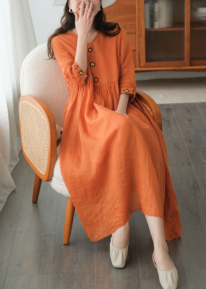 Orange Wrinkled Embroideried Linen Dress Two Piece Set Short Sleeve