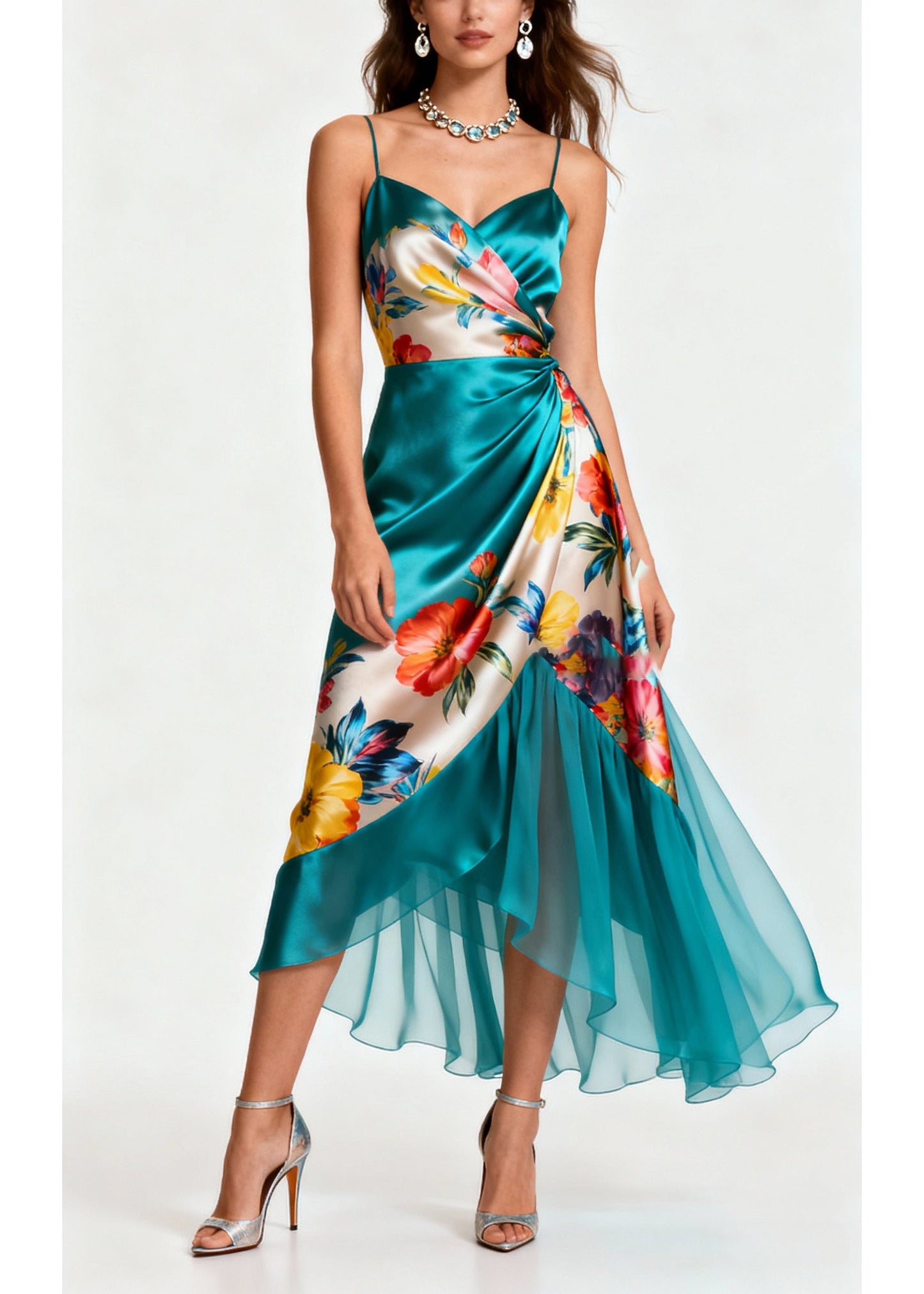 Peacock Green Asymmetrical Patchwork Tulle Silk Cami Dress Summer