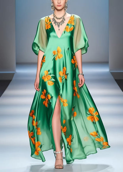 Peacock Green Print Side Open Silk a Line Dresses Summer