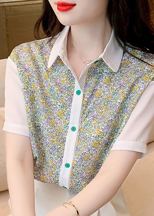 Peter Pan Collar Print Button Chiffon Shirt Short Sleeve