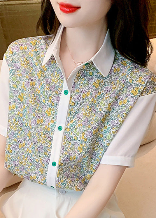 Peter Pan Collar Print Button Chiffon Shirt Short Sleeve
