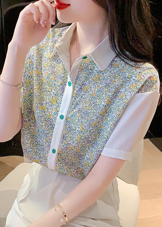 Peter Pan Collar Print Button Chiffon Shirt Short Sleeve