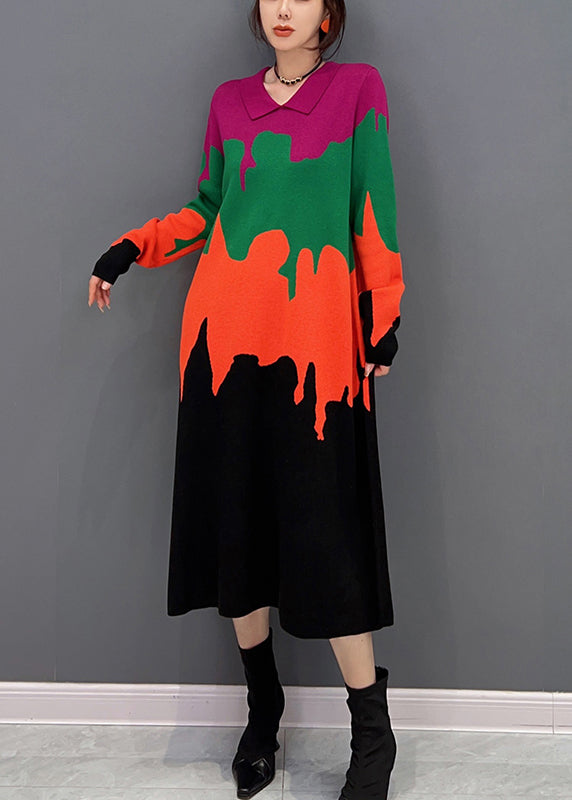 Peter Pan Collar Print Patchwork Knit Dress Fall