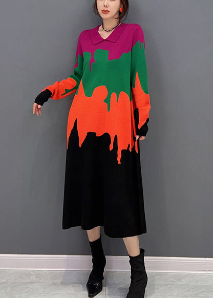 Peter Pan Collar Print Patchwork Knit Dress Fall