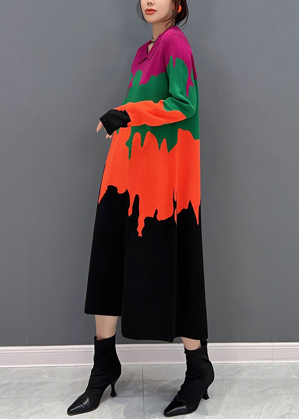 Peter Pan Collar Print Patchwork Knit Dress Fall