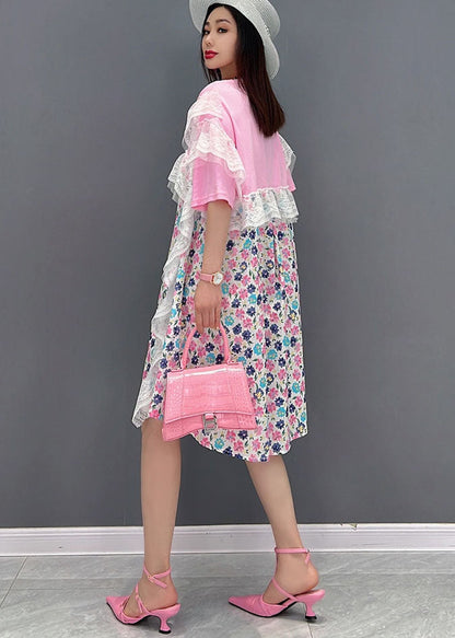 Pink Asymmetrical Print Holiday Dresses Short Sleeve