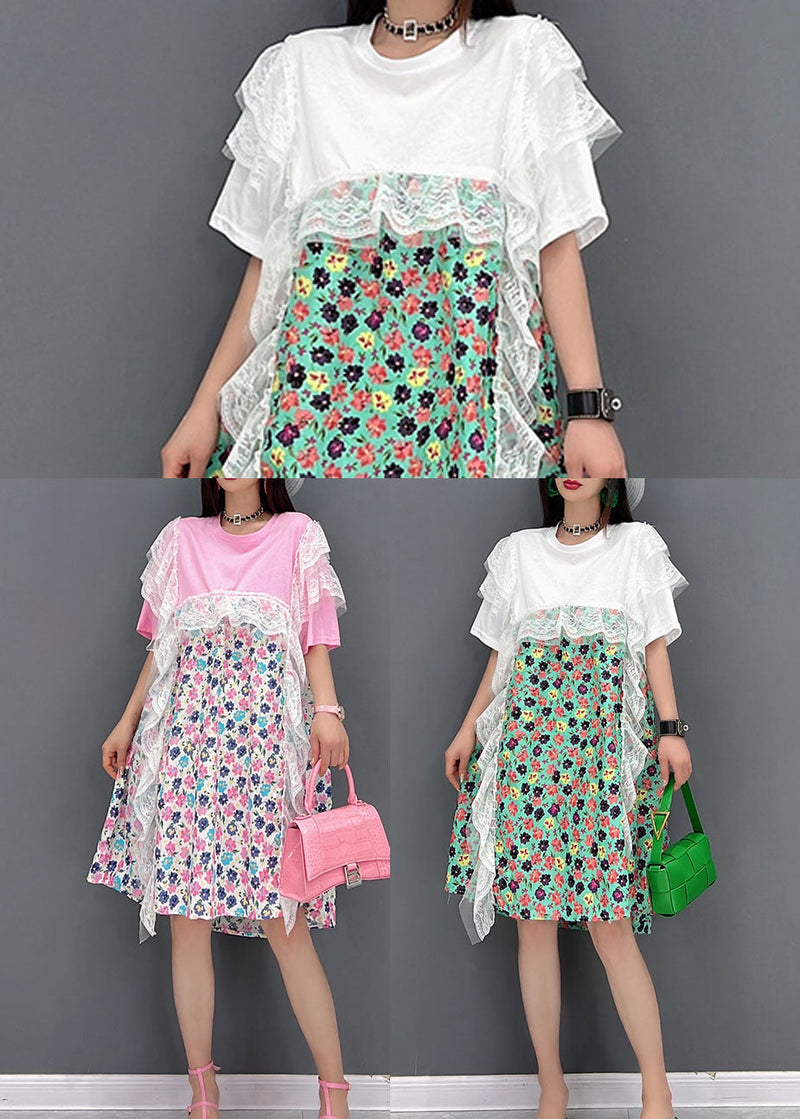 Pink Asymmetrical Print Holiday Dresses Short Sleeve